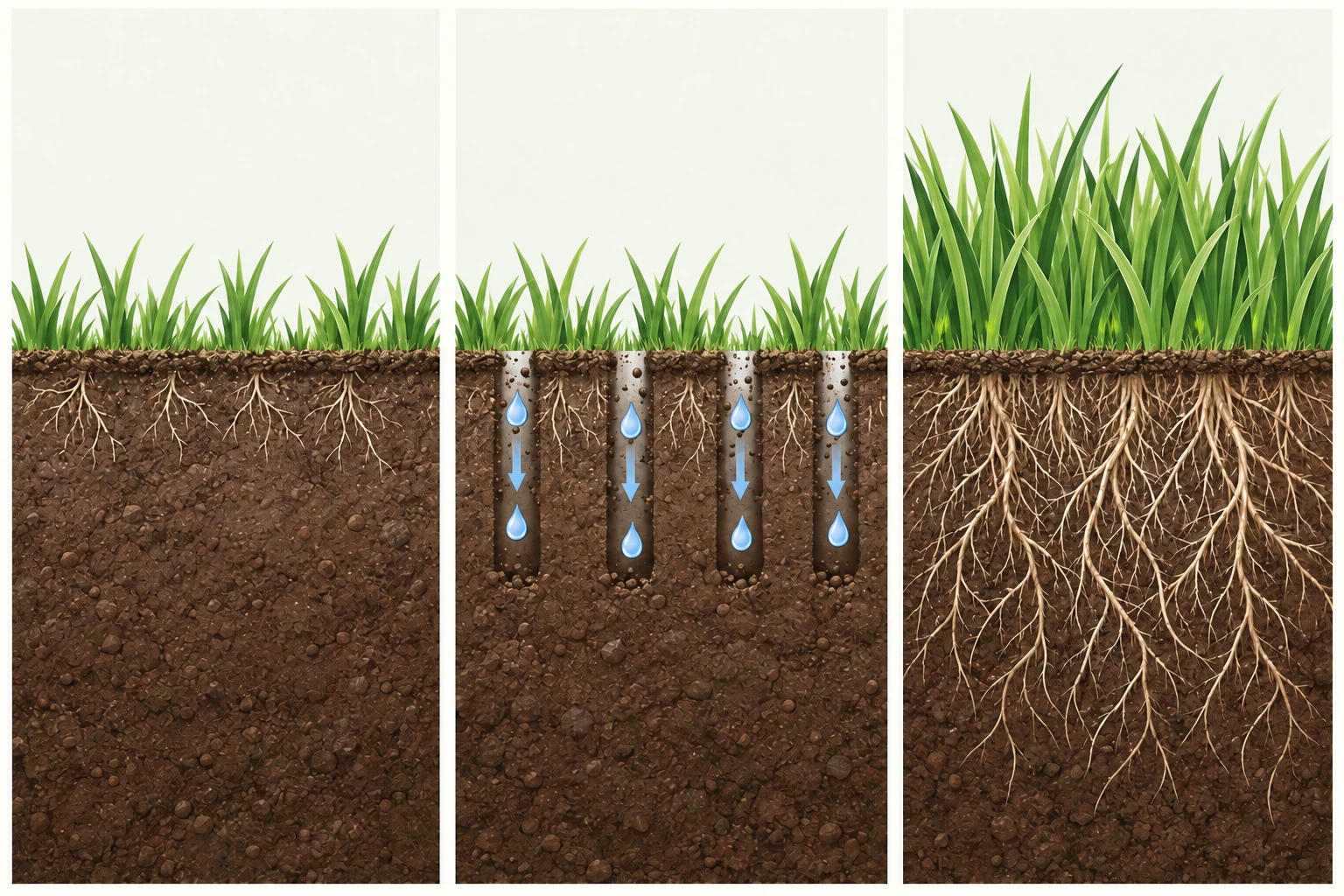 Three illustrated soil cross-sections. Before: thin grass and shallow roots in compacted soil. After: aeration channels admit air and water. Six to eight weeks: visibly fuller turf with some small new shoots and a deep, branching root system.
